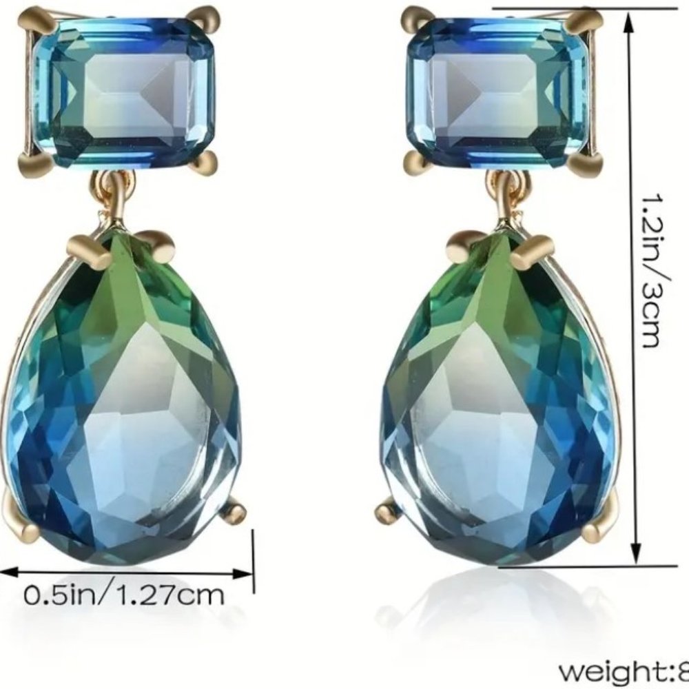 Green Blue Gradient Crystal Waterdrop Dangle Earrings Elegant Statement Jewelry - Picture 11 of 11